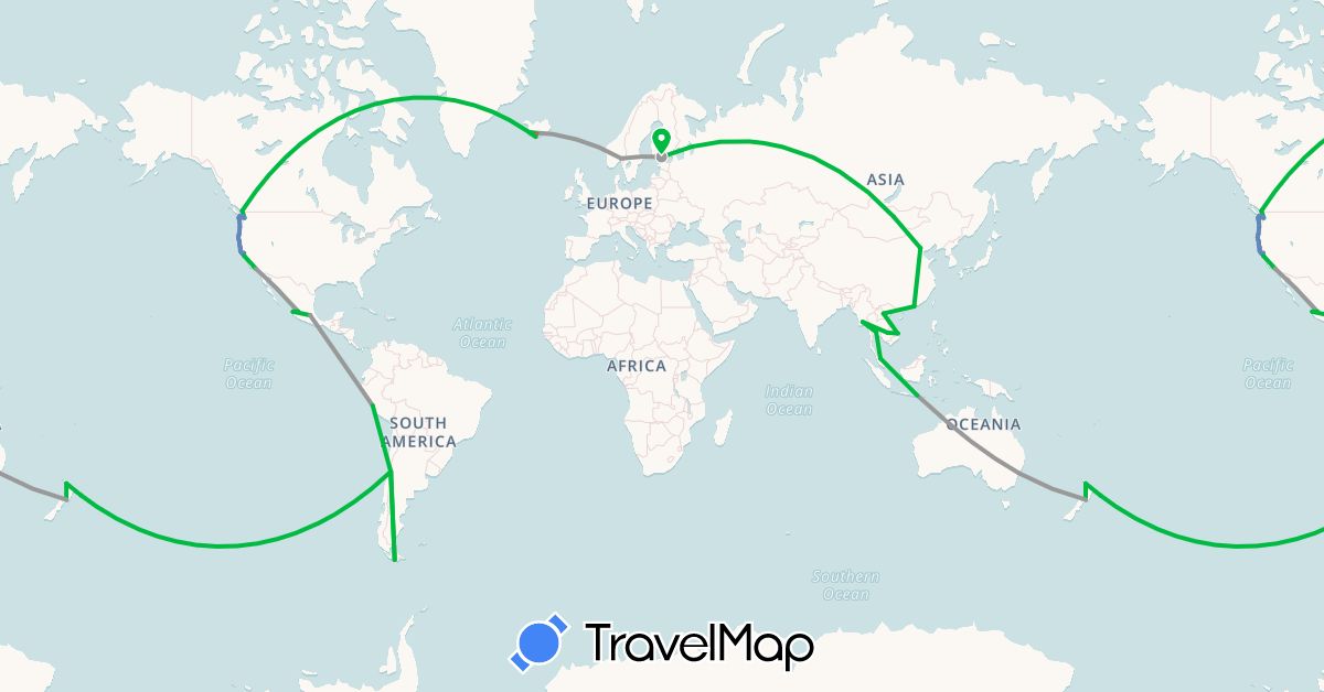 TravelMap itinerary: driving, bus, plane, cycling, hiking in Australia, Canada, Chile, China, Finland, Indonesia, Iceland, Cambodia, Laos, Myanmar (Burma), Mongolia, Mexico, Malaysia, Norway, New Zealand, Peru, Thailand, United States, Vietnam (Asia, Europe, North America, Oceania, South America)